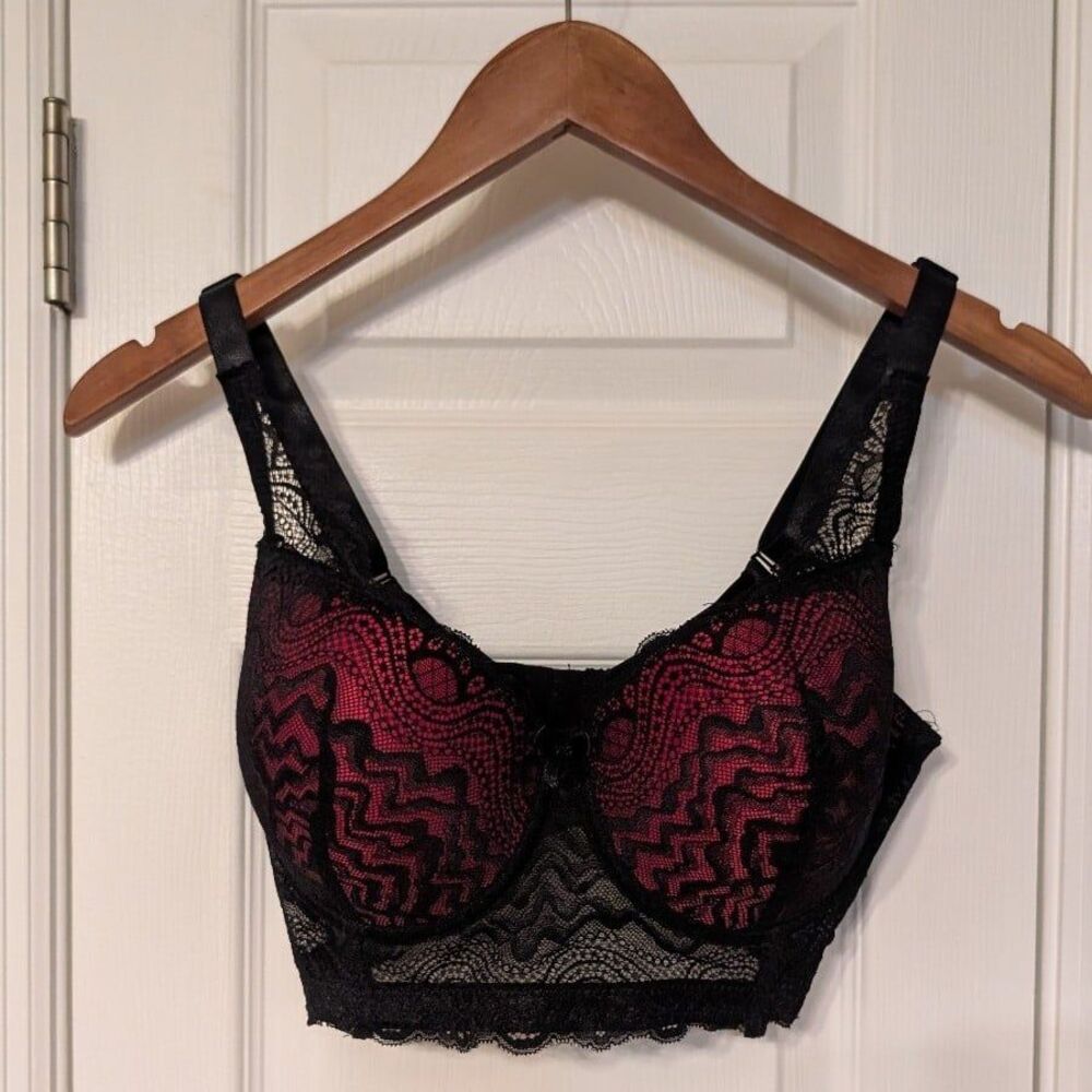 Black Bow Red and Black Lace Bra 36D